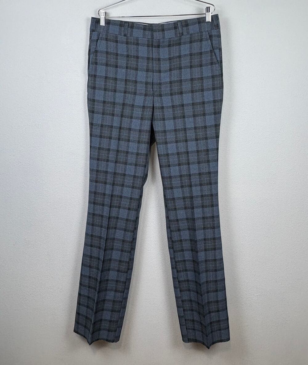 Vintage Plaid Tartan Check Polyester Nylon Blue Gray Pants Slacks Size 34 NWT